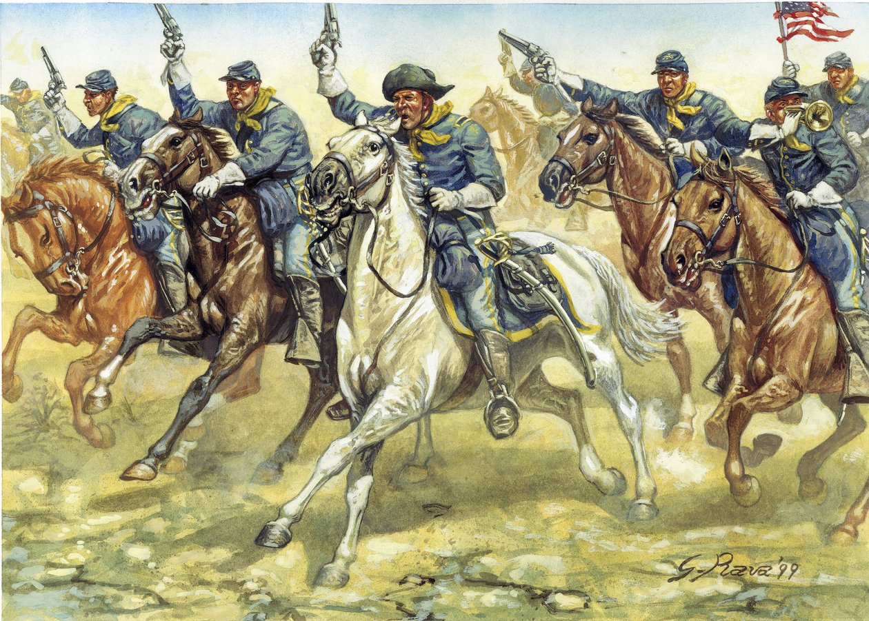 Szecessziós háború (1861-1865): az északi lovasság (Unió) katonái egy csata közben - Amerikai polgárháború: az északi lovasság (Unió) katonái egy csata közben - Illusztráció: Giuseppe Rava alkotó: Giuseppe Rava