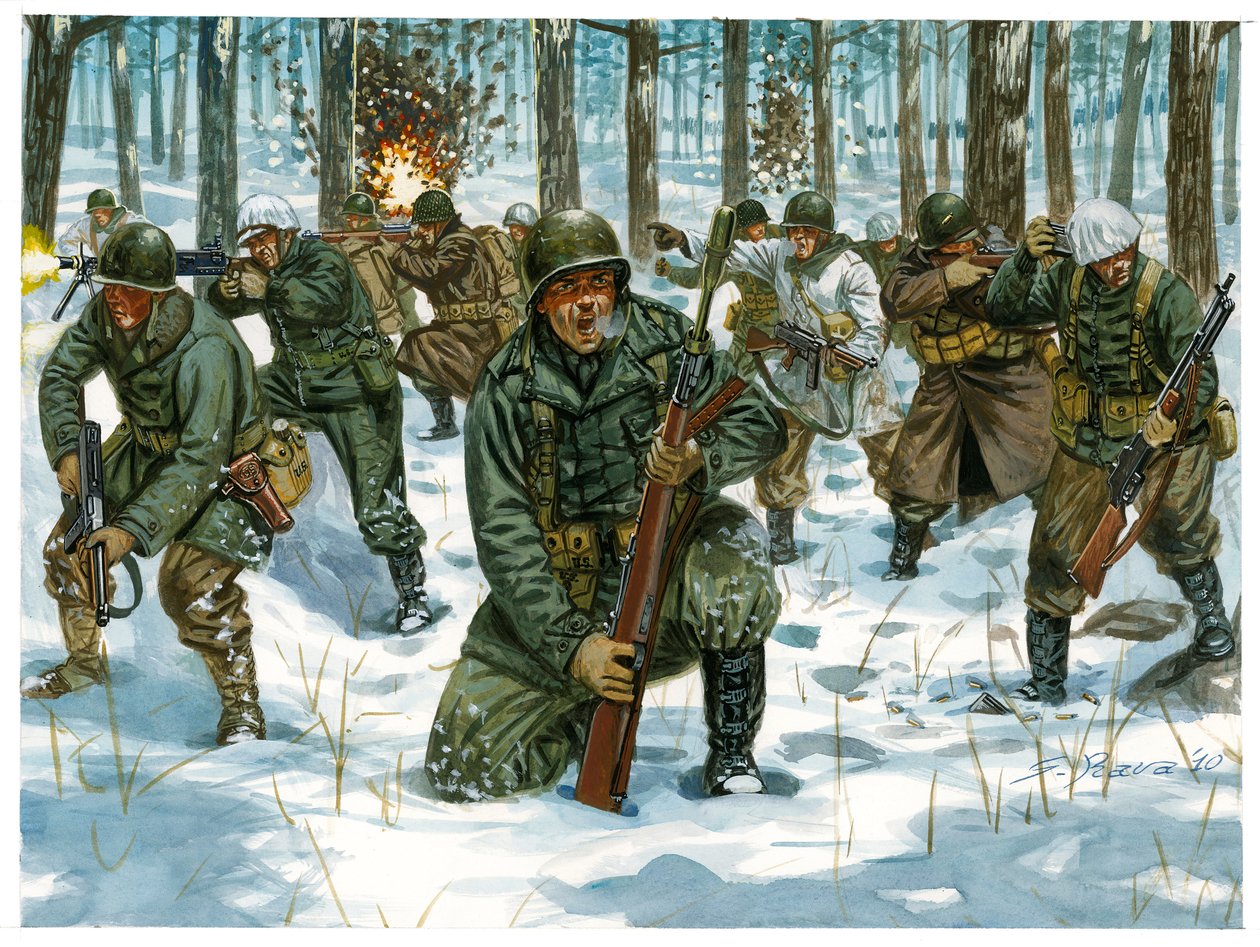Második világháború: Amerikai gyalogsági offenzíva az ardenneki csatában Bastogne-ban, 1944 decemberében - Második világháború: amerikai offenzíva az ardenneki csatában, 1944 decemberében - Illusztráció: Giuseppe Rava alkotó: Giuseppe Rava