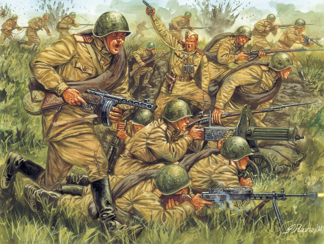 Második világháború: Orosz gyalogság támadása könnyű egyenruhában - WWII: orosz katonák nyári egyenruhában - Illusztráció: Giuseppe Rava alkotó: Giuseppe Rava