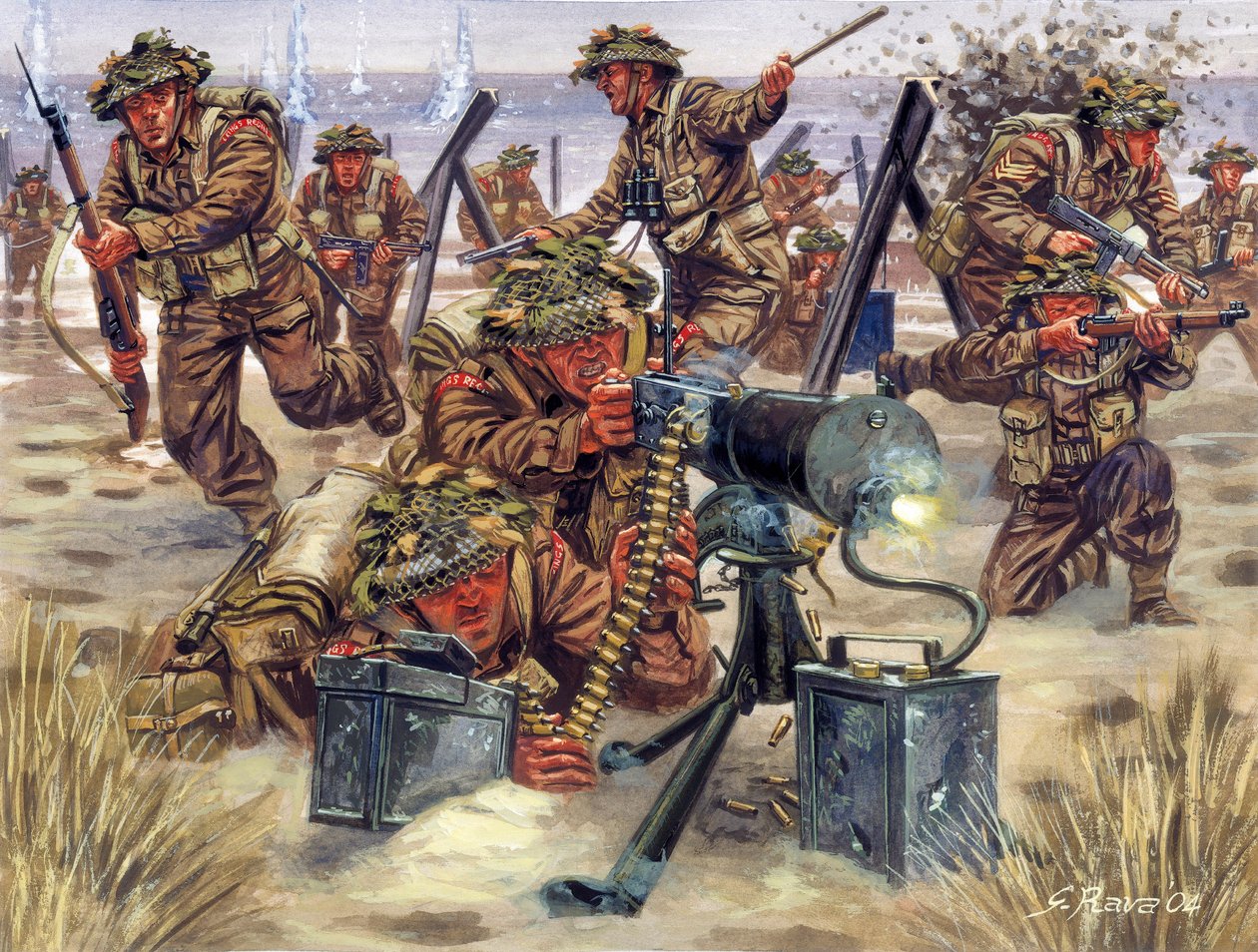 Második világháború: angol katonák partra szállása Normandiában 1944 júniusában - II. világháború: Rava illusztrációja: Giuseppe Rava. alkotó: Giuseppe Rava