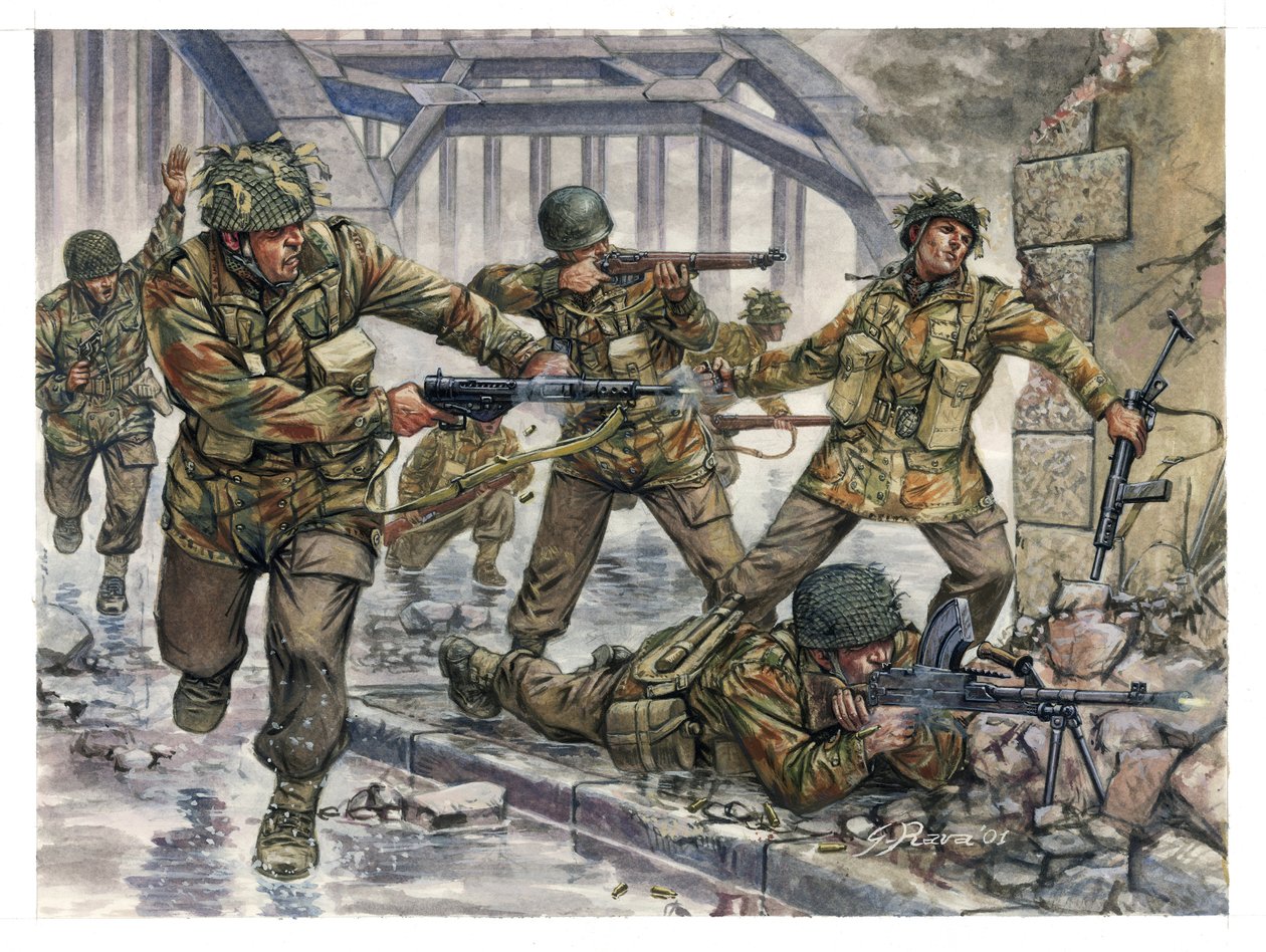 Második világháború: "Vörös Ördögök" becenevű angol ejtőernyősök a Market Garden hadművelet során Hollandiában 1944 szeptemberében - II. világháború: Market Garden hadművelet, a "vörös ördögök" néven ismert angol ejtőernyősök 1944 szeptemberében - Illusztr alkotó: Giuseppe Rava
