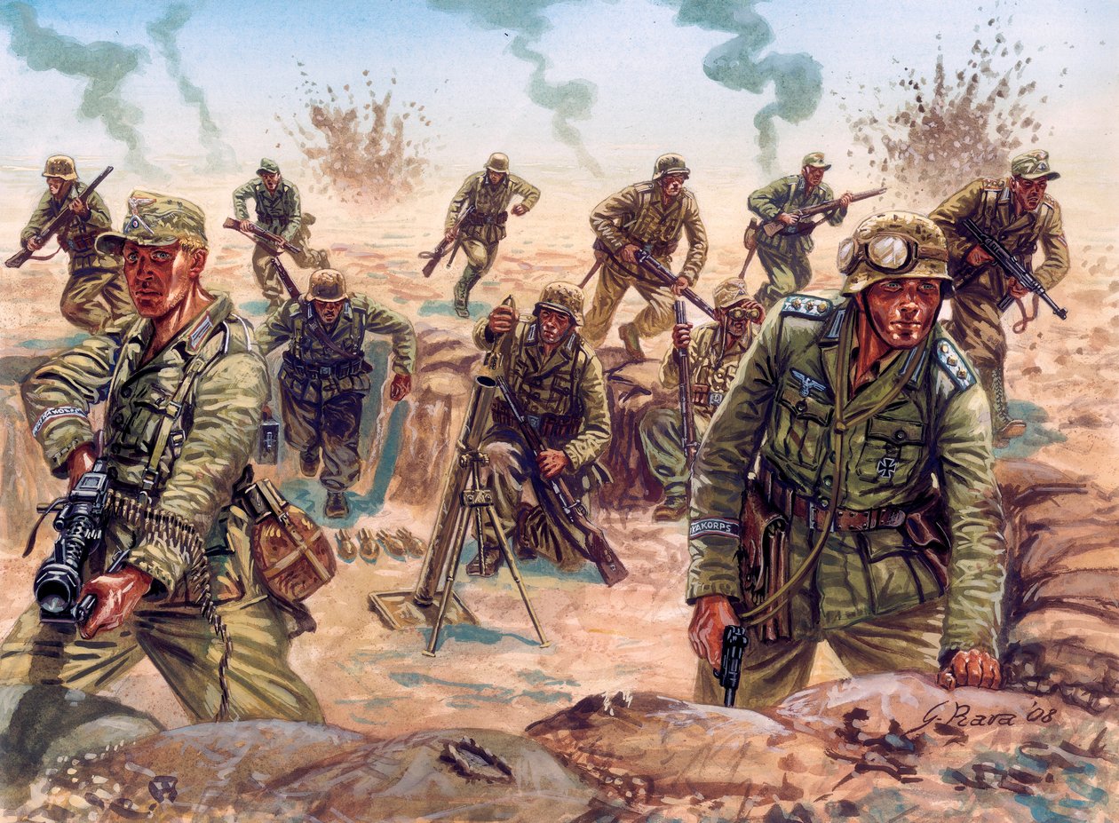 Második világháború, észak-afrikai hadjárat: a Deutsches Afrikakorps (Afrika Korps, Afrikakorps vagy DAK), a német expedíciós haderő katonája a líbiai sivatagban. alkotó: Giuseppe Rava