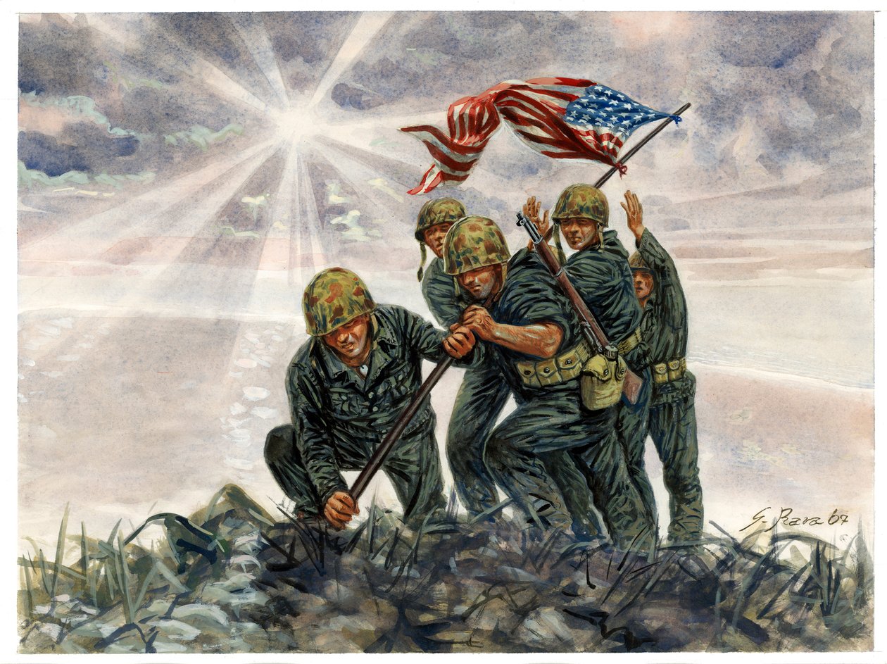 Második világháború, csendes-óceáni háború: Iwo Jima-i csata, az amerikai tengerészgyalogság győzelme 1945 februárjában - II. világháború, csendes-óceáni háború: Iwo Jima-i csata (Különítmény hadművelet), az amerikai tengerészgyalogosok felvonják az amerik alkotó: Giuseppe Rava