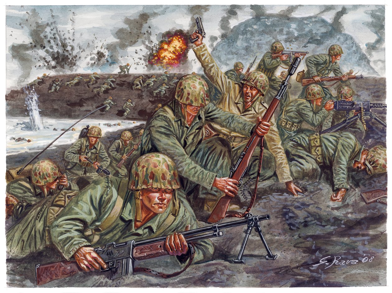 Második világháború, csendes-óceáni háború: A tengerészgyalogság kétéltű alakulatának partraszállása 1945. 02. 19-én a japán Iwo Jima-i csata során - II. világháború, csendes-óceáni háború: Iwo Dzsima-i csata (Elkülönítési hadművelet), az amerikai tengerés alkotó: Giuseppe Rava