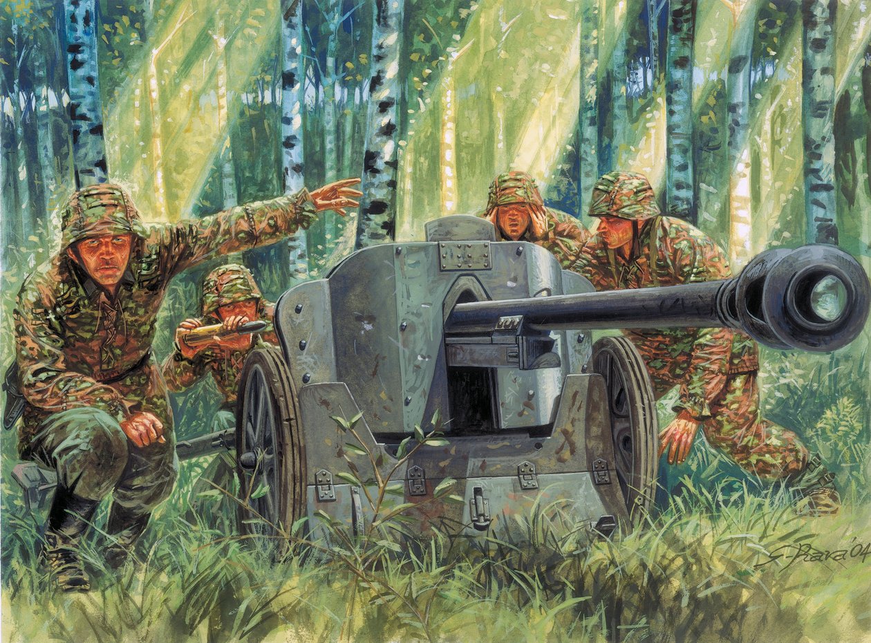 Második világháború: Panzerabwehrkanone 38 vagy Pak 38, német tankelhárító ágyú - Második világháború: 5 cm-es Pak 38, 50 mm kaliberű német páncéltörő ágyú - Illusztráció: Giuseppe Rava alkotó: Giuseppe Rava