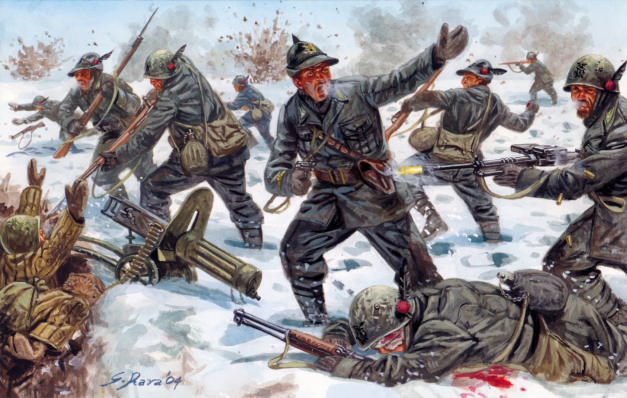 Második világháború, orosz front: Világháború, orosz front: olasz alpesi vadászok Oroszországban, 1943 januárjában - Illustration by Giuseppe Rava alkotó: Giuseppe Rava