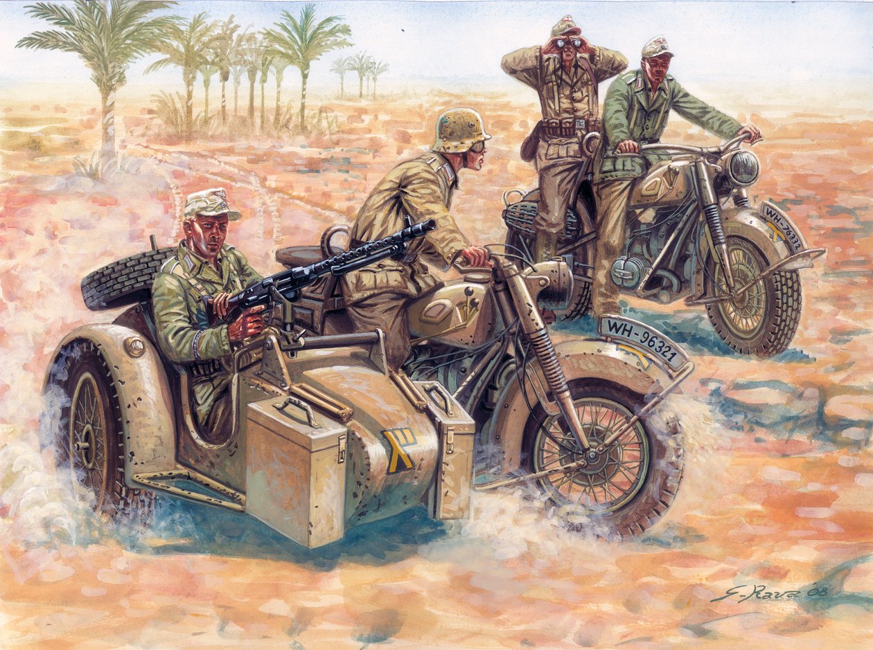 Második világháború: a Deutsches Afrikakorps (DAK Afrika Korps)) a líbiai sivatagban gurul oldalkocsis BMW-vel alkotó: Giuseppe Rava
