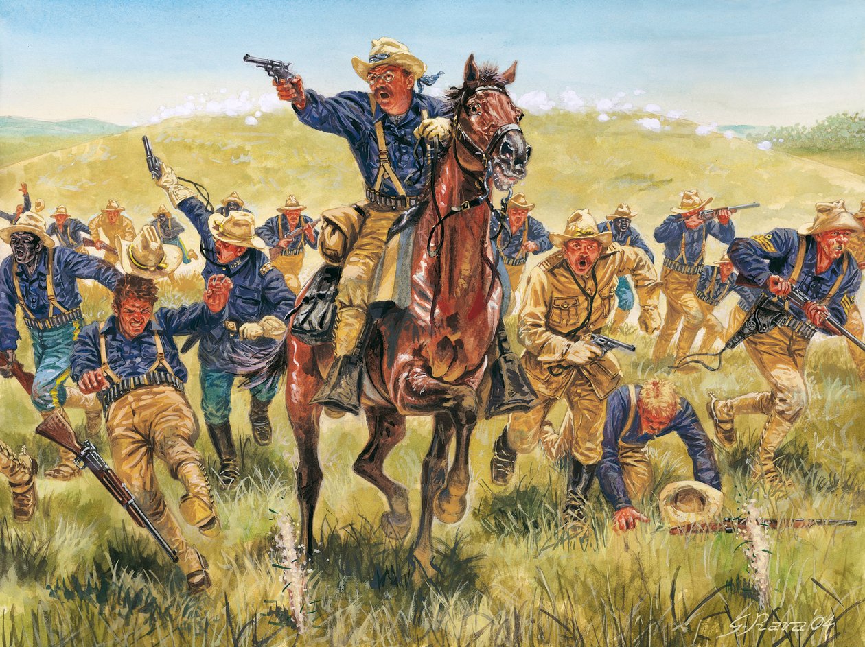 Spanyol-amerikai háború vagy kubai függetlenségi háború (1868-1898) Spanyolország és Észak-Amerika között: Theodore Roosevelt (1858-1919) amerikai katona és politikus portréja, amint a Rough riderekkel támad Kubában - spanyol-amerikai háború (kubai függetl alkotó: Giuseppe Rava