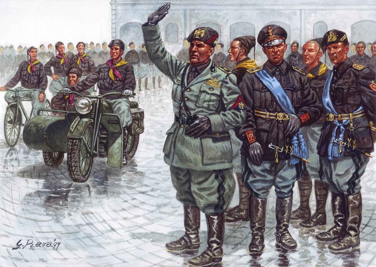 A Duce Benito Mussolini (1883-1945), a feketeingesek (Camicie nere) kíséretében, fasiszta üdvözletet mond egy katonai felvonuláson - Benito Mussolini és a feketeingesek egy katonai felvonuláson - Giuseppe Rava illusztrációja. alkotó: Giuseppe Rava