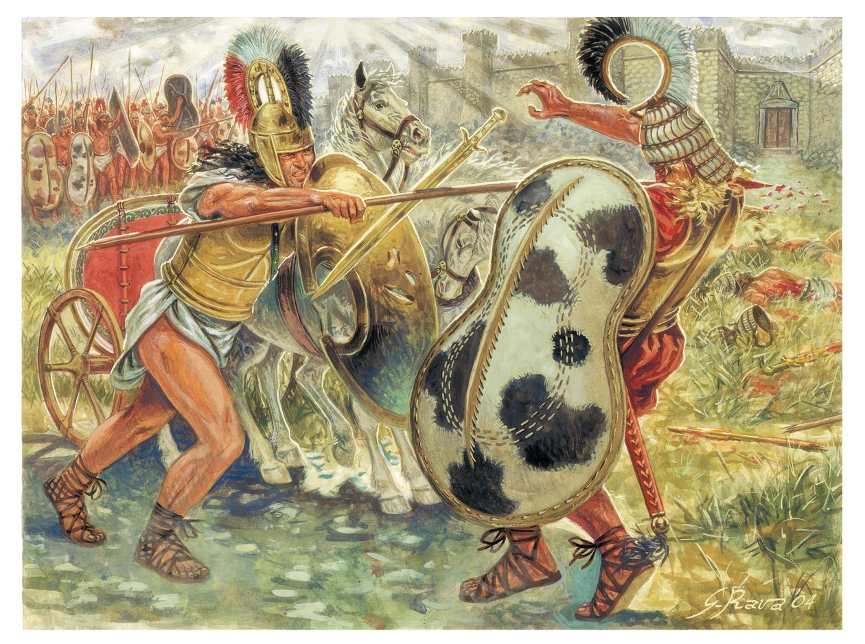 Trójai háború: Trójai háború: Achilles harcol Hector ellen, hogy megbosszulja Patroclus halálát: Patroklosz halálának megbosszulásáért Hektór ellen - Illusztráció: Giuseppe Rava alkotó: Giuseppe Rava
