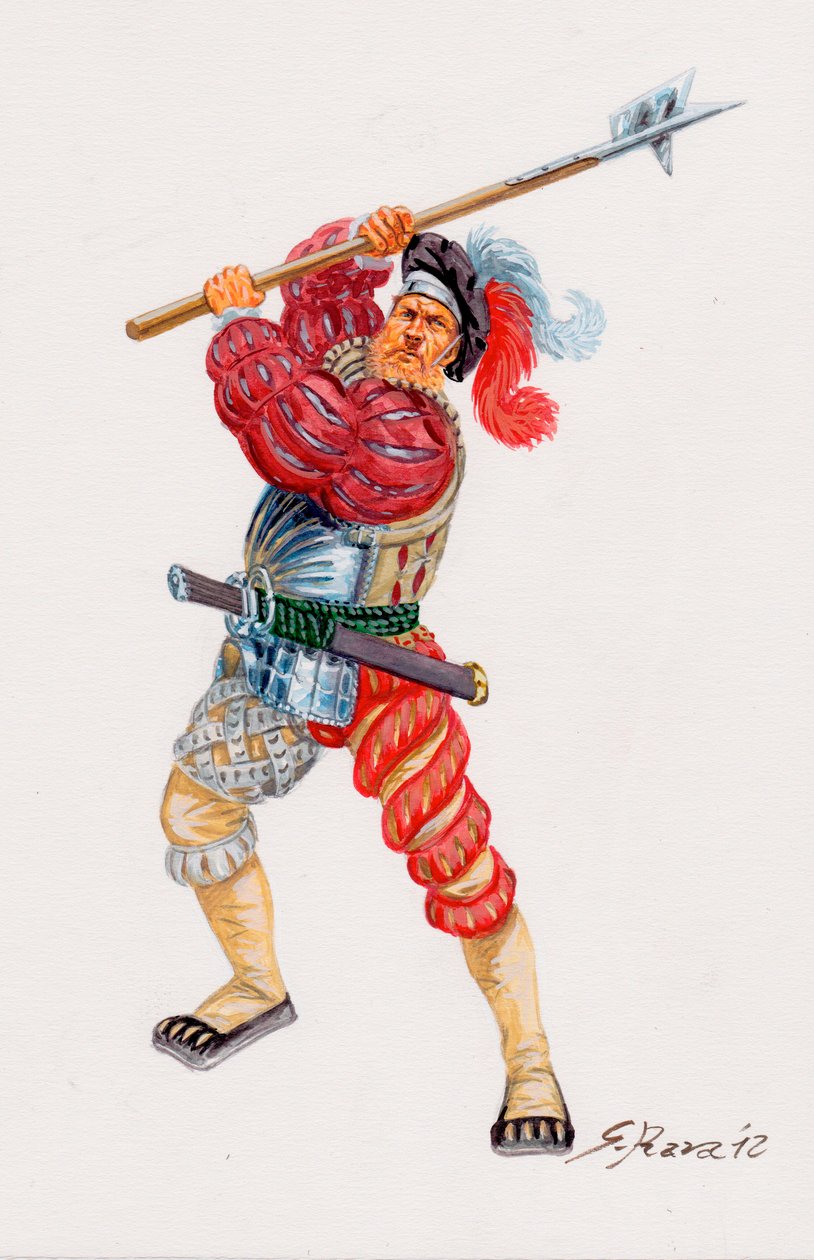 Un Lansquenet, német zsoldos pikemen- a Landsknecht német zsoldos pikemen - Illusztráció: Giuseppe Rava alkotó: Giuseppe Rava