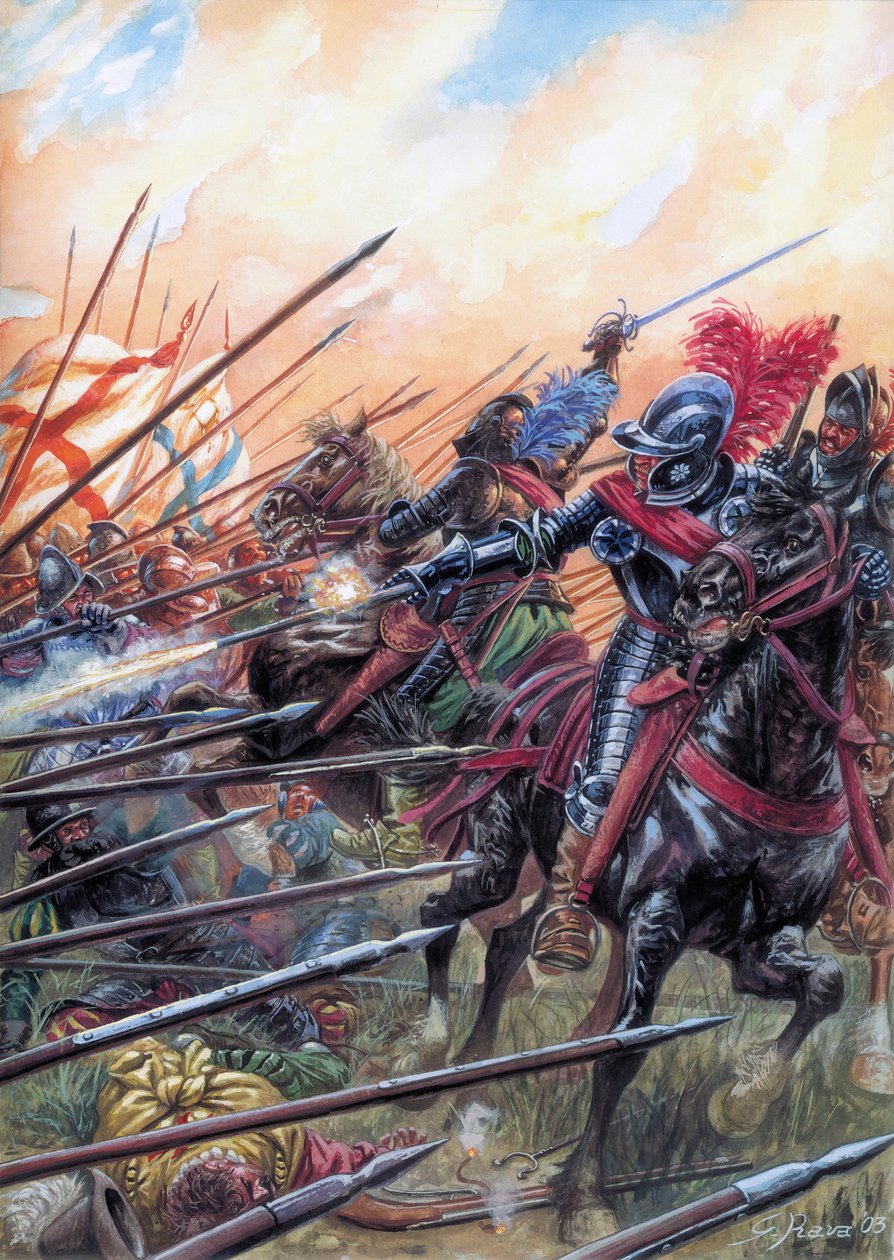 Vallásháborúk: Az 1590. március 14-i ivry-i csata a királyi sereg győzelmét hozta a Katolikus Liga ellen - Az 1590. március 14-i ivry-i csata a francia vallásháborúk idején - Giuseppe Rava illusztrációja. alkotó: Giuseppe Rava