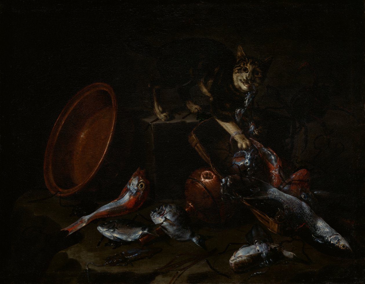 Egy halat lopó macska, 1660-as évek vége. alkotó: Giuseppe Recco