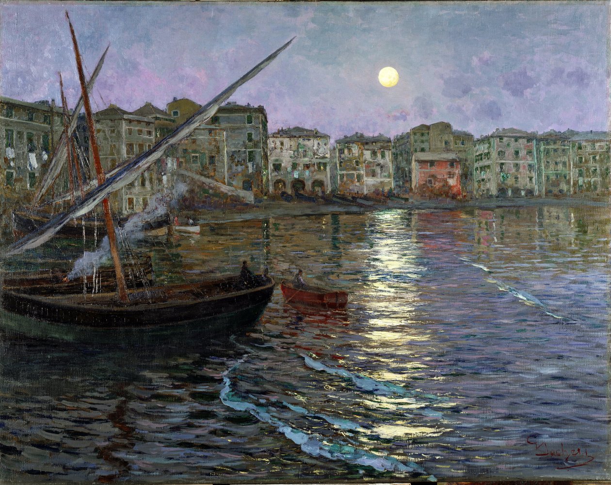 Poesia Lunare Port in the Moonlight (Kikötő kilátása holdfényben) (olaj, vászon) alkotó: Giuseppe Sacheri