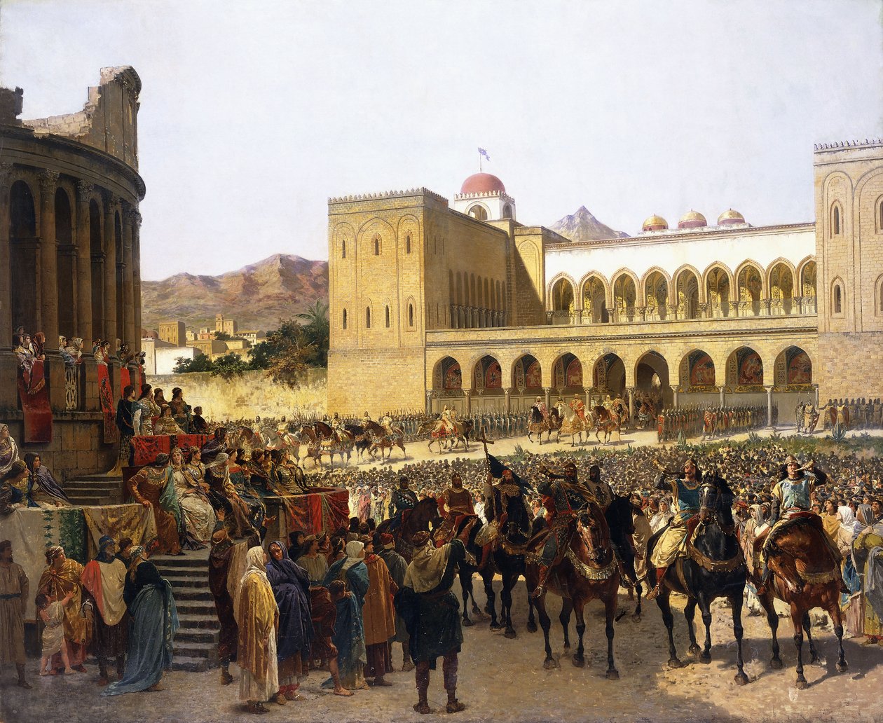 I. Ruggero, Szicília királyának kijárata a Palazzo Reale-ból, alkotó: Giuseppe Sciuti