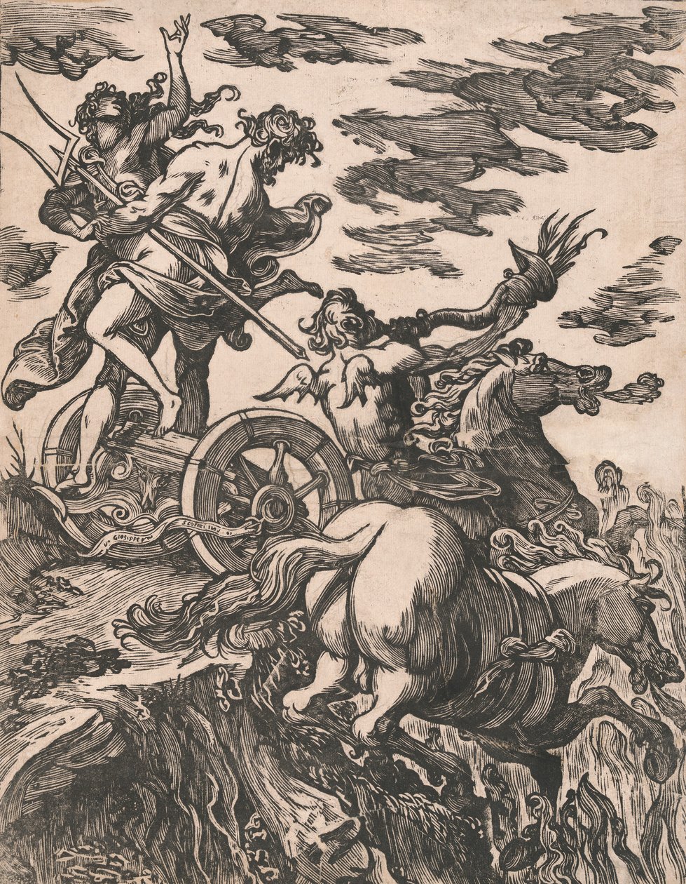 Perszephoné megerőszakolása Plútóval a jobb oldalon lóháton, 1590-1607. alkotó: Giuseppe Scolari