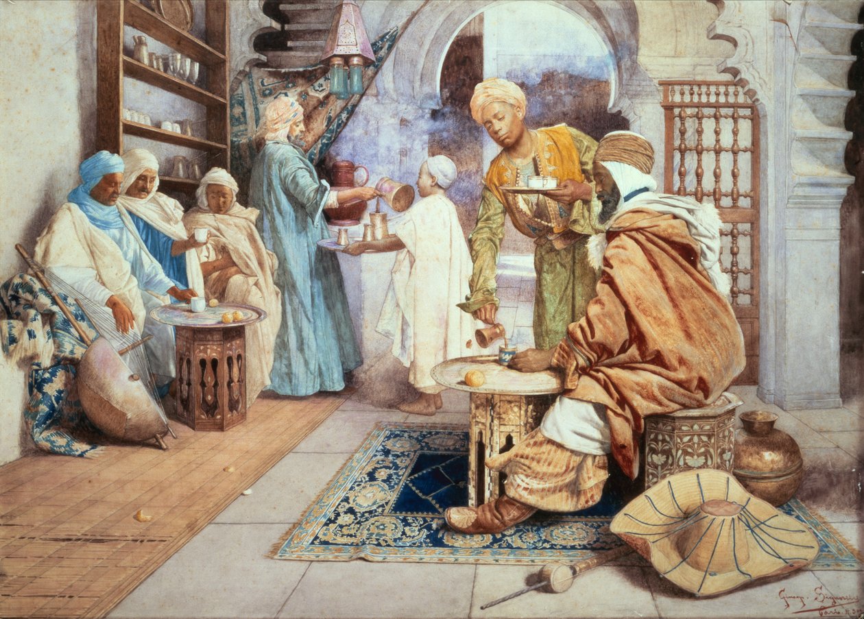 Egy arab kávézó (akvarell papíron) alkotó: Giuseppe Signorini