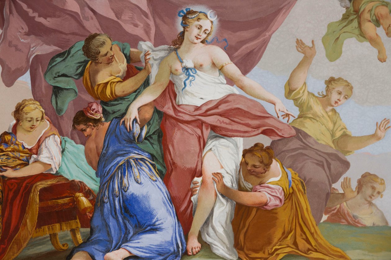 Diana mítoszának ábrázolásai, Domenico és Giuseppe Valeriani, freskó, hálószoba boltíves mennyezete, Király lakása, Vadászrezidencia, Filippo Juvarra (1678-1736), Stupinigi, Piemont, Olaszország alkotó: Giuseppe and Valeriani Domenico Valeriani