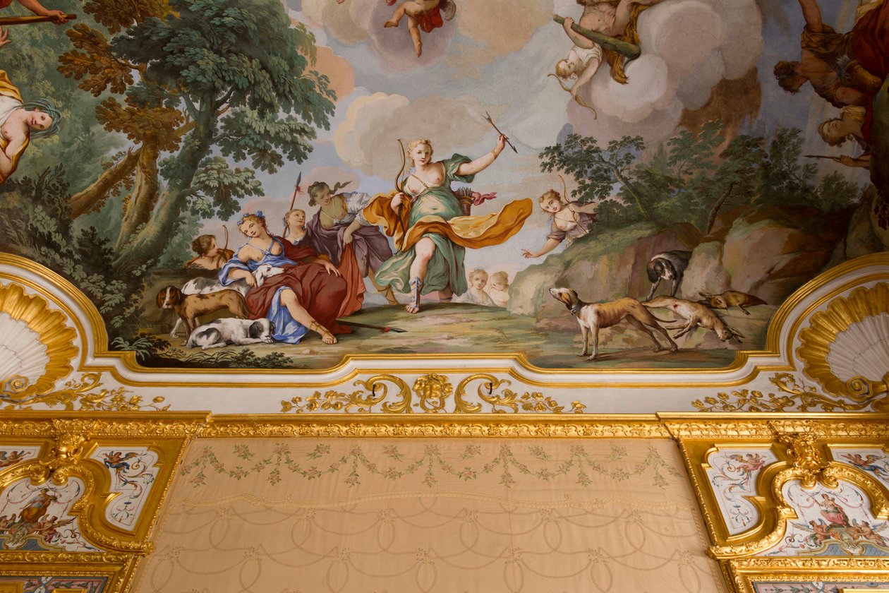 Diana mítoszának ábrázolásai, Domenico és Giuseppe Valeriani, freskó, hálószoba boltíves mennyezete, Király lakása, Vadászrezidencia, Filippo Juvarra (1678-1736), Stupinigi, Piemont, Olaszország alkotó: Giuseppe and Valeriani Domenico Valeriani