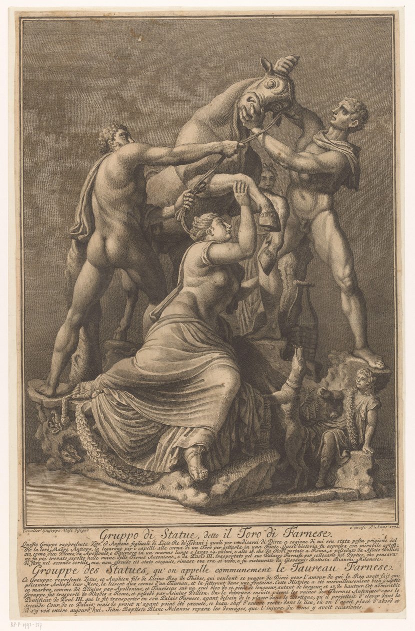 Dirce wordt aan een stier gebonden Farnese Stier Szoborcsoport, a Farnese Bull / Grouppe des Statues, qu 