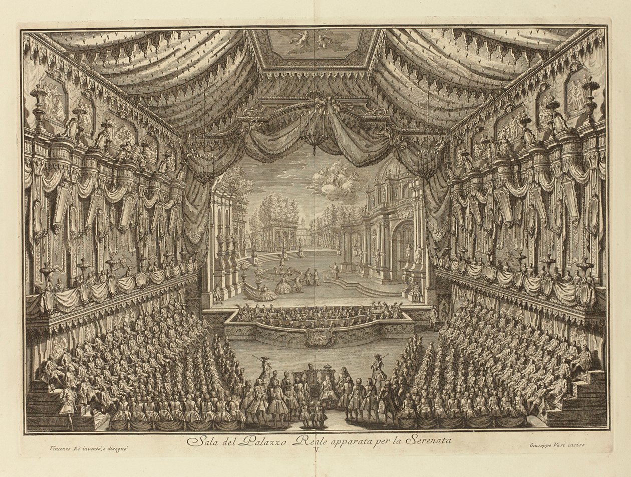 A La Serenata előadása a nápolyi királyi palotában par Vasi, Giuseppe (1710-1782). Rézmetszet, mérete: 41,5x62 alkotó: Giuseppe Vasi