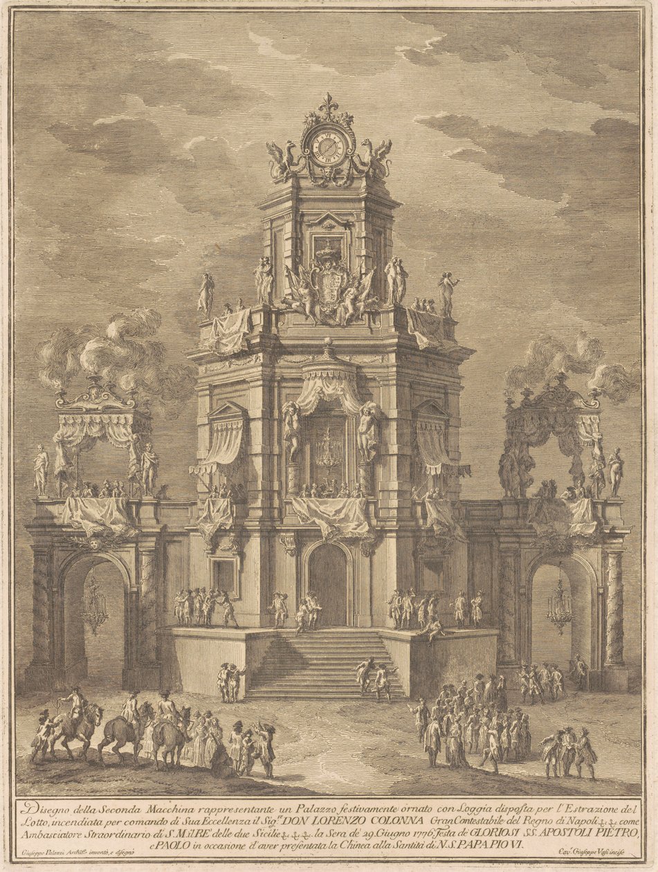 Az 1776-os Seconda Macchina Kína számára: Palota loggiával a lottósorsoláshoz alkotó: Giuseppe Vasi, after Giuseppe Palazzi