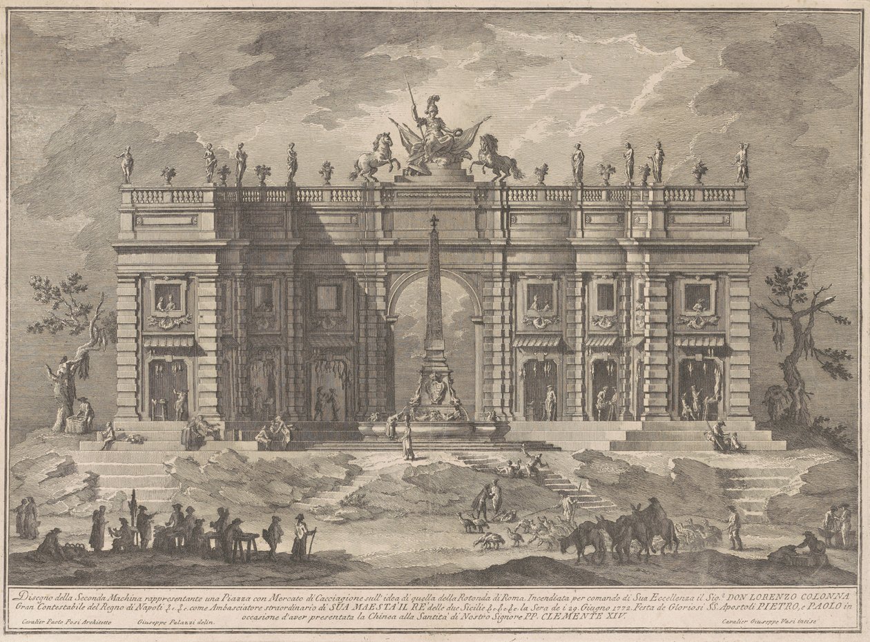 A Seconda Macchina az 1772-es Kínában: egy tér játékpiaccal és a Pantheon szökőkúttal alkotó: Giuseppe Vasi, after Giuseppe Palazzi, after Paolo Posi
