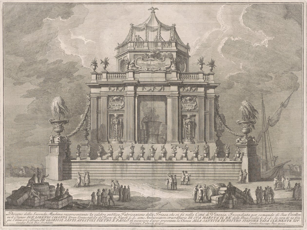 Az 1773-as Seconda Macchina Kína számára: Theriac készítése Velencében alkotó: Giuseppe Vasi, after Giuseppe Palazzi, after Paolo Posi