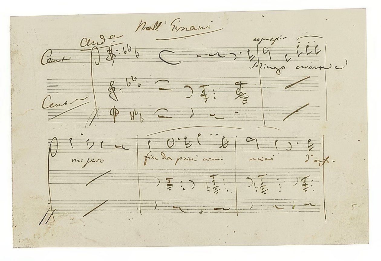 Autogram: Opera Ernani, záróária Solingo, errante e misero. 1840-es évek eleje alkotó: Giuseppe Verdi
