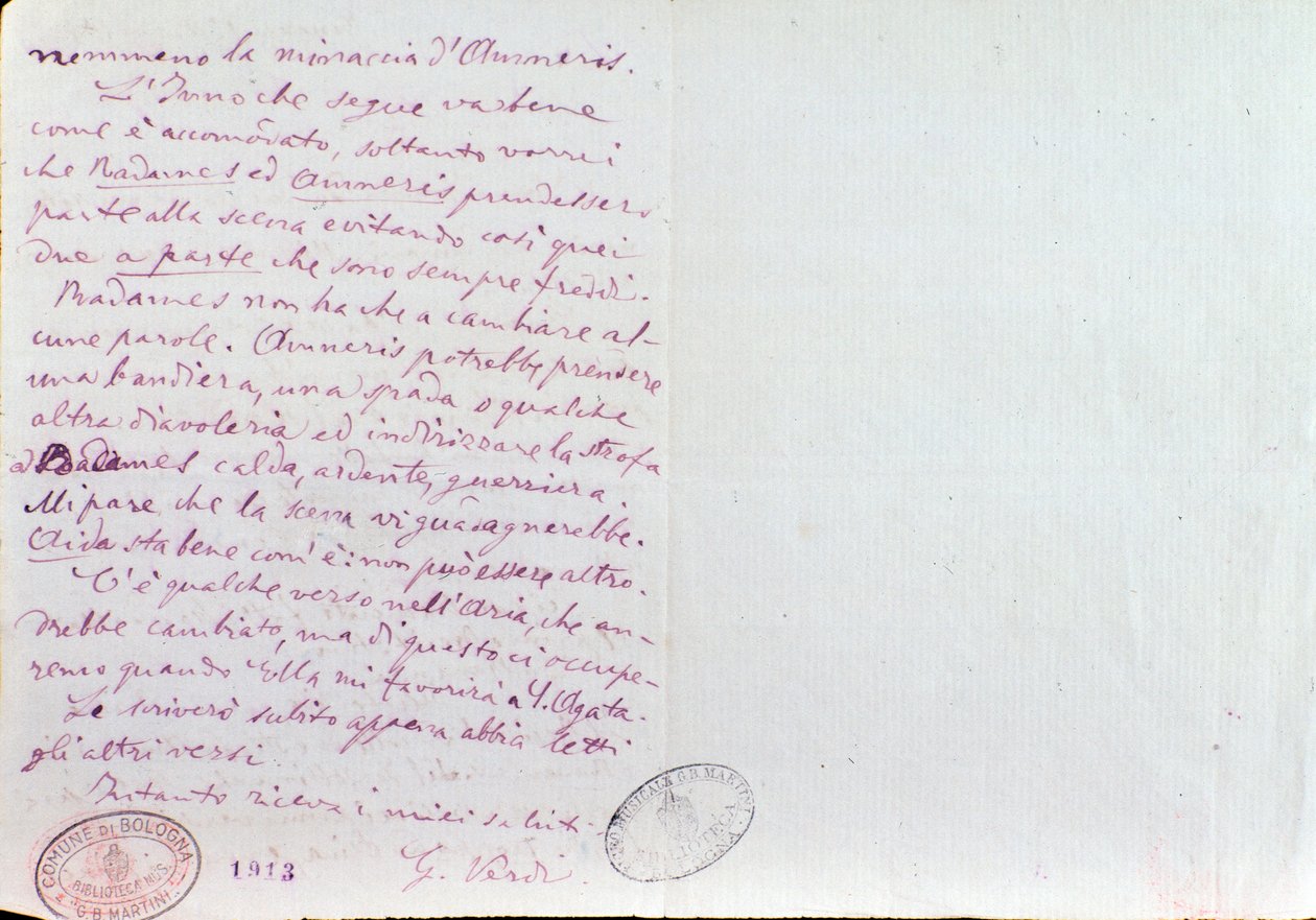 Giuseppe Verdi kézzel írt levele Antonio Ghislanzoninak, az Aida-librettók szerzőjének alkotó: Giuseppe Verdi