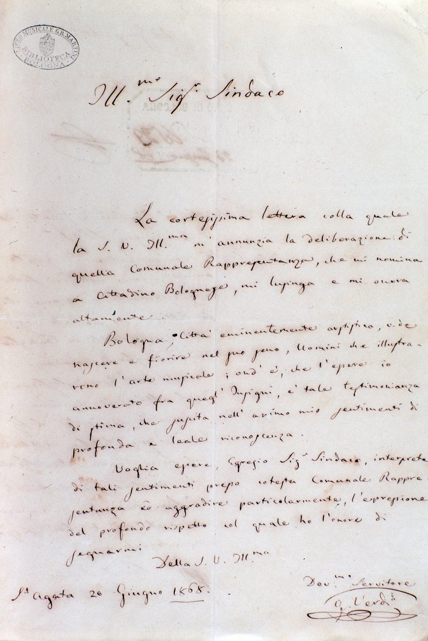 Giuseppe Verdi kézzel írt levele Bologna polgármesterének, amikor díszpolgára lett, június 20. alkotó: Giuseppe Verdi