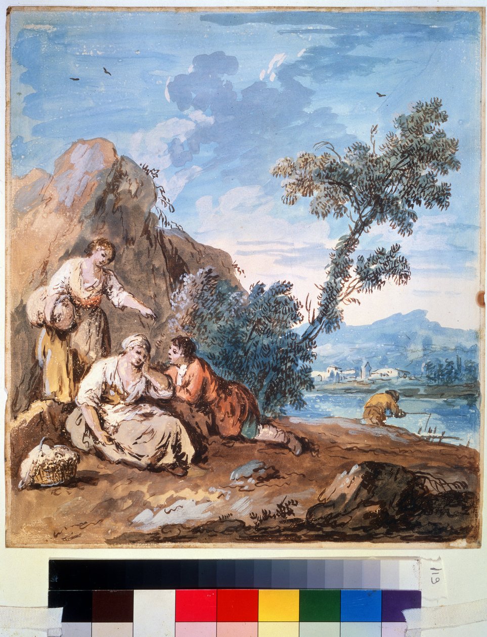 Három paraszt pihen a folyóparton. Giuseppe Zais (1709-1784) festménye. Akvarell, papír, 29,5 x 26,2 cm, 1750 körül. Velencei iskola, olasz festészet XVIII. Puskin Szépművészeti Múzeum, alkotó: Giuseppe Zais