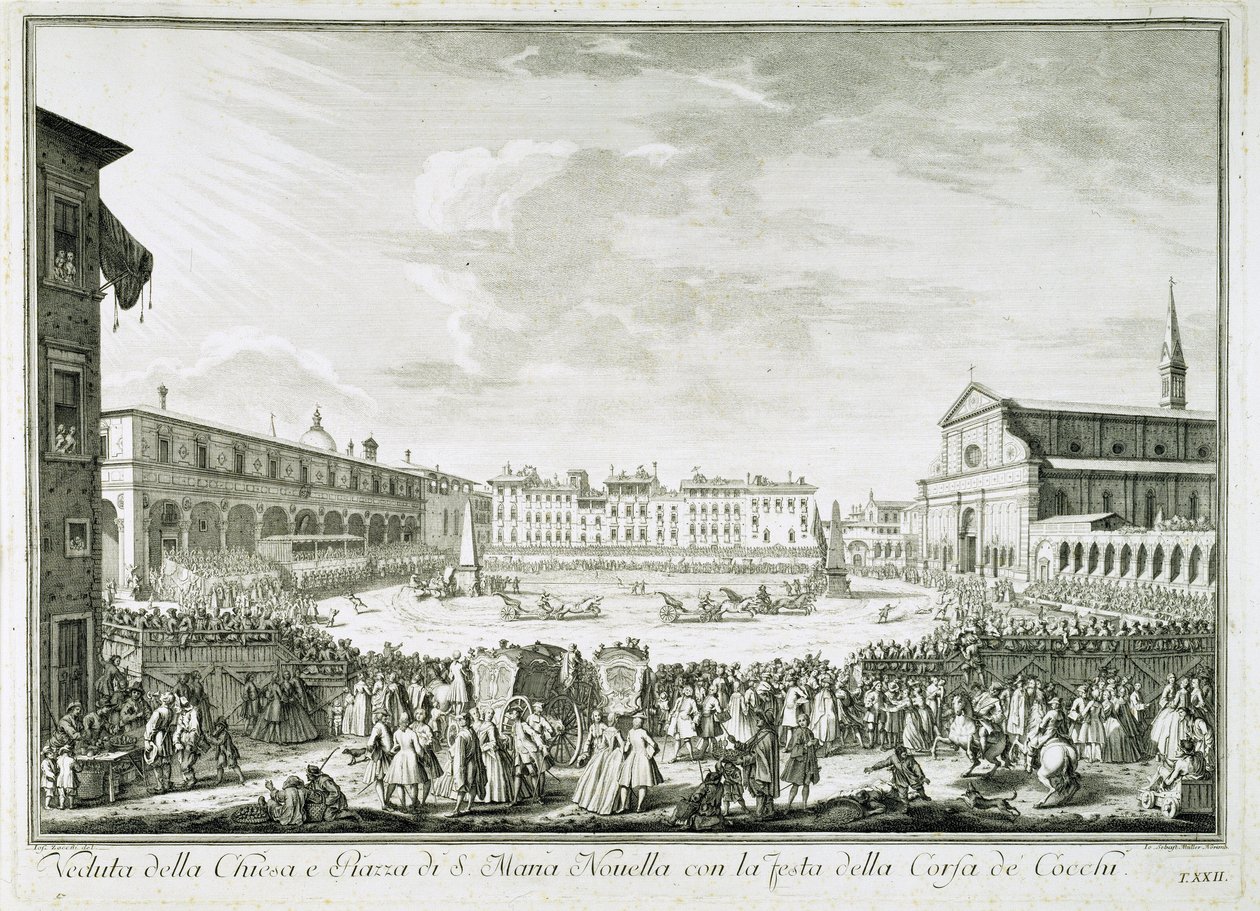 A Corsa dei Cocchi ünnepe a Piazza Santa Maria Novellán. A Corsa dei Cocchi ünnepe a firenzei Santa Maria Novella-templom előtti téren. Giuseppe Zocchi (1711-1767) rajza. Firenze, Biblioteca Riccardiana. alkotó: Giuseppe Zocchi