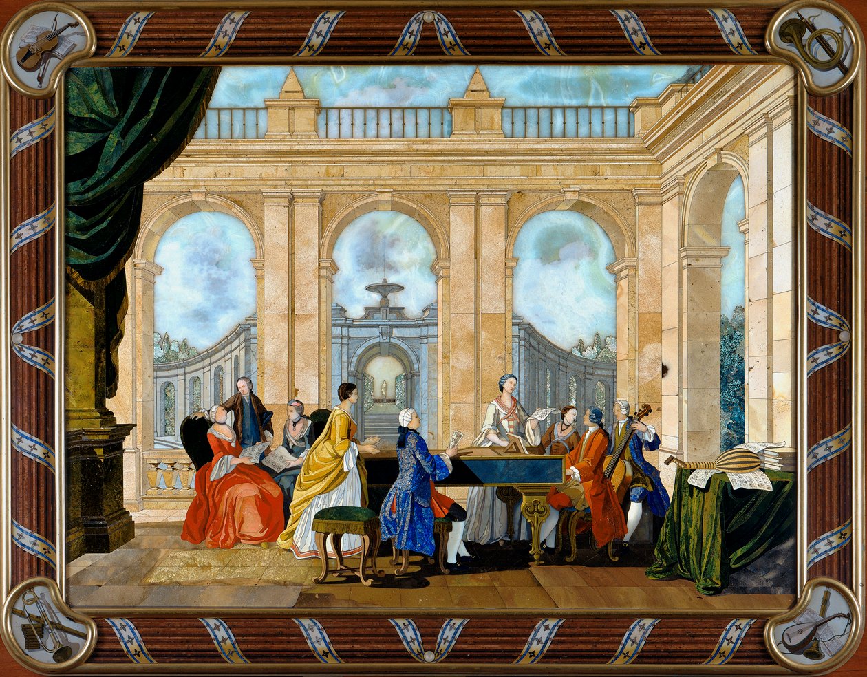 Zenét ábrázoló pietre dure inlay panel alkotó: Giuseppe Zocchi