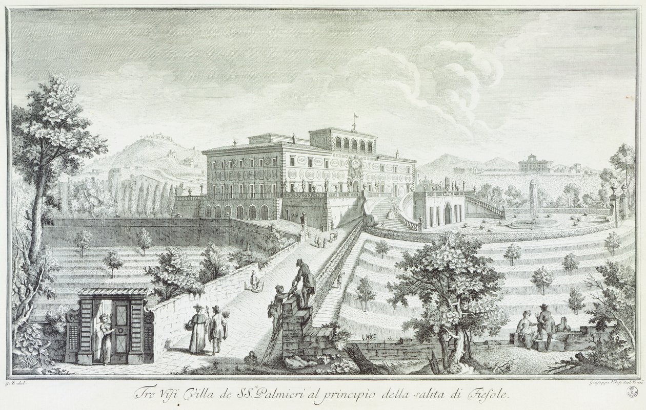 Villa Palmieri Fiesole-ban, Giuseppe Zocchi (1711-1767), Kilátás a villákra és környékére Toszkánában, Olaszországban alkotó: Giuseppe Zocchi
