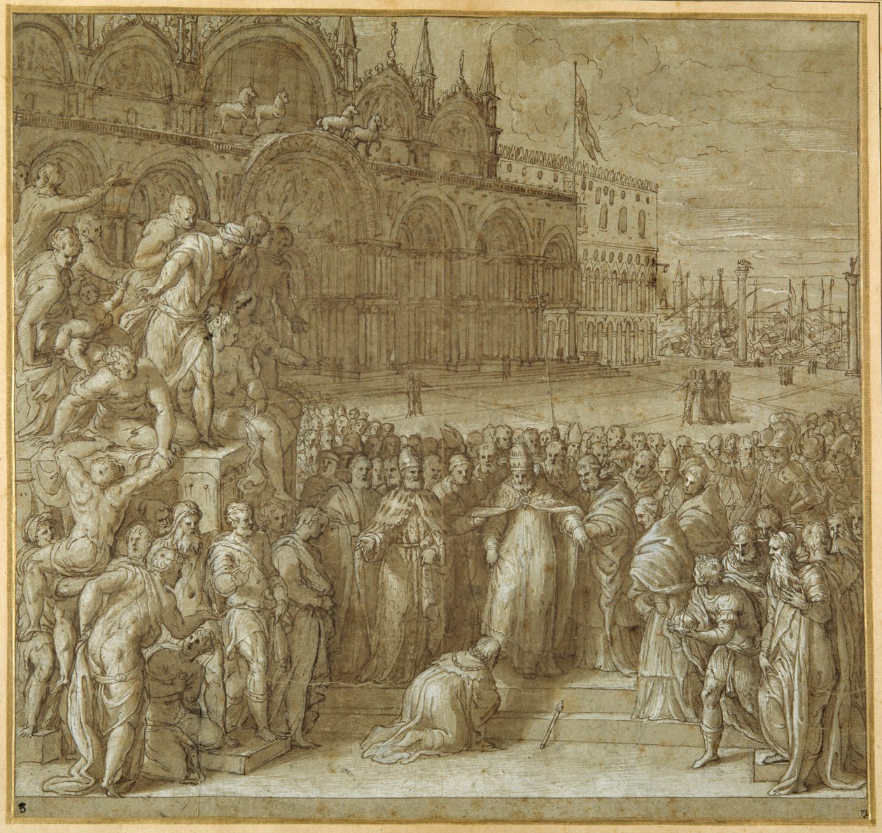 Sándor pápa és Barbarossa Frigyes közötti megbékélés Sebastiano Ziani dózse jelenlétében (toll és barna tinta barna mosással és kiemeléssel) alkotó: Giuseppe della Porta Salviati