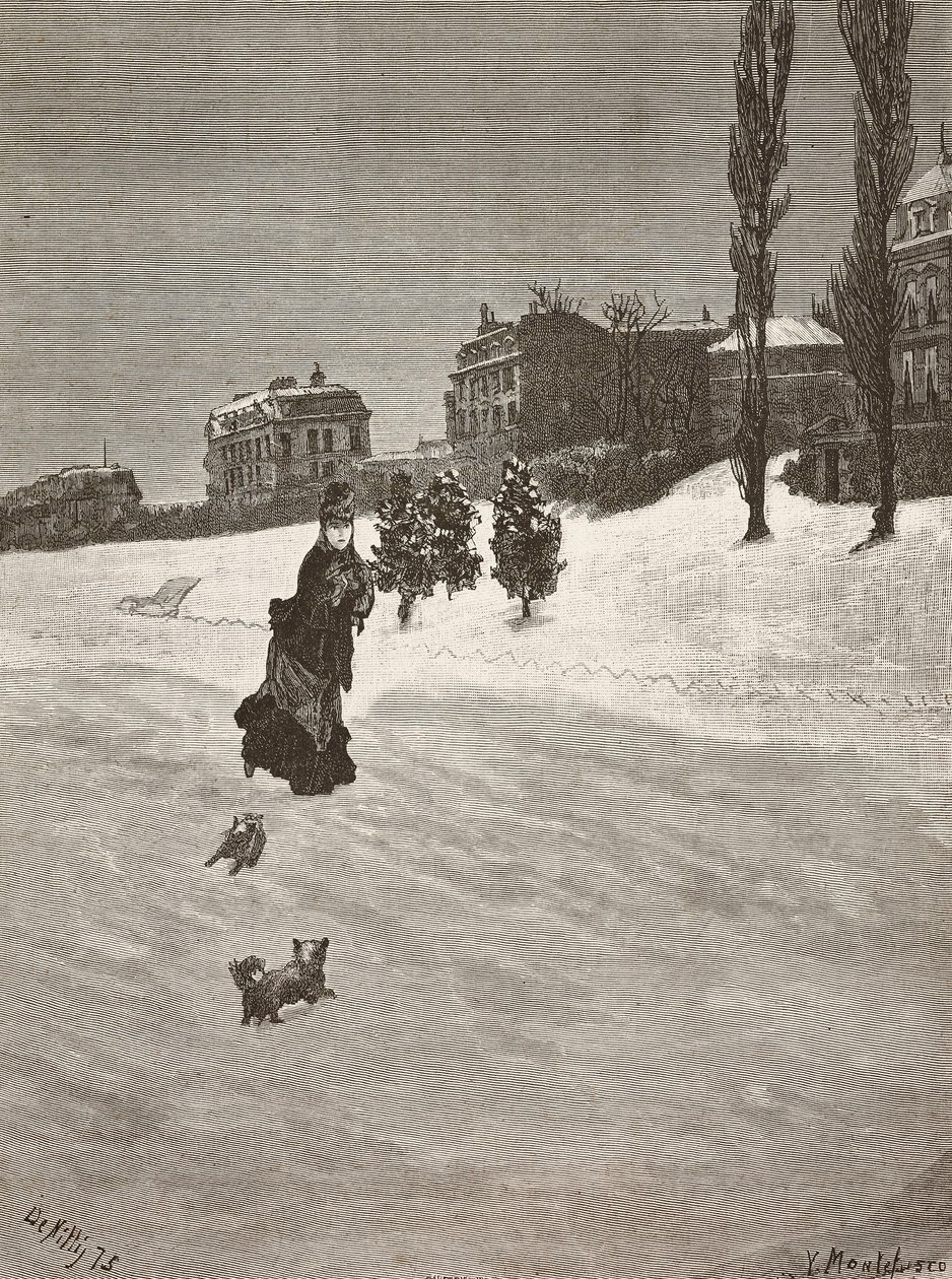 Hideg van!, nő sétál a hóban, metszet Giuseppe De Nittis festményéről, Montefusco rajza, L