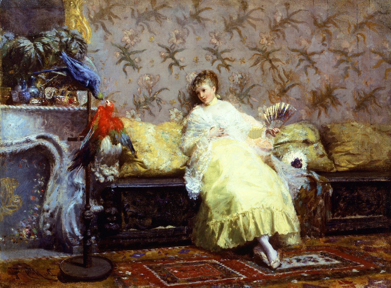 Hölgy papagájokkal, kb. 1869, szerző: Giuseppe de Nittis (1846-1884), olaj, vászon, 24,2x23 cm. alkotó: Giuseppe or Joseph de Nittis