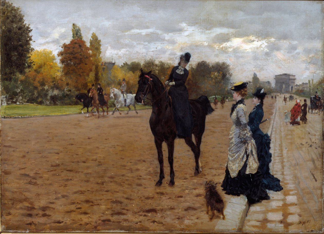 Az Amazon Cavaliere a párizsi Avenue Foch sétálókkal beszélget. Giuseppe De Nittis (1846-1884) festménye, 1875 körül. Olaj, vászon. Mérete: 42x31 cm. Genes, Galleria d