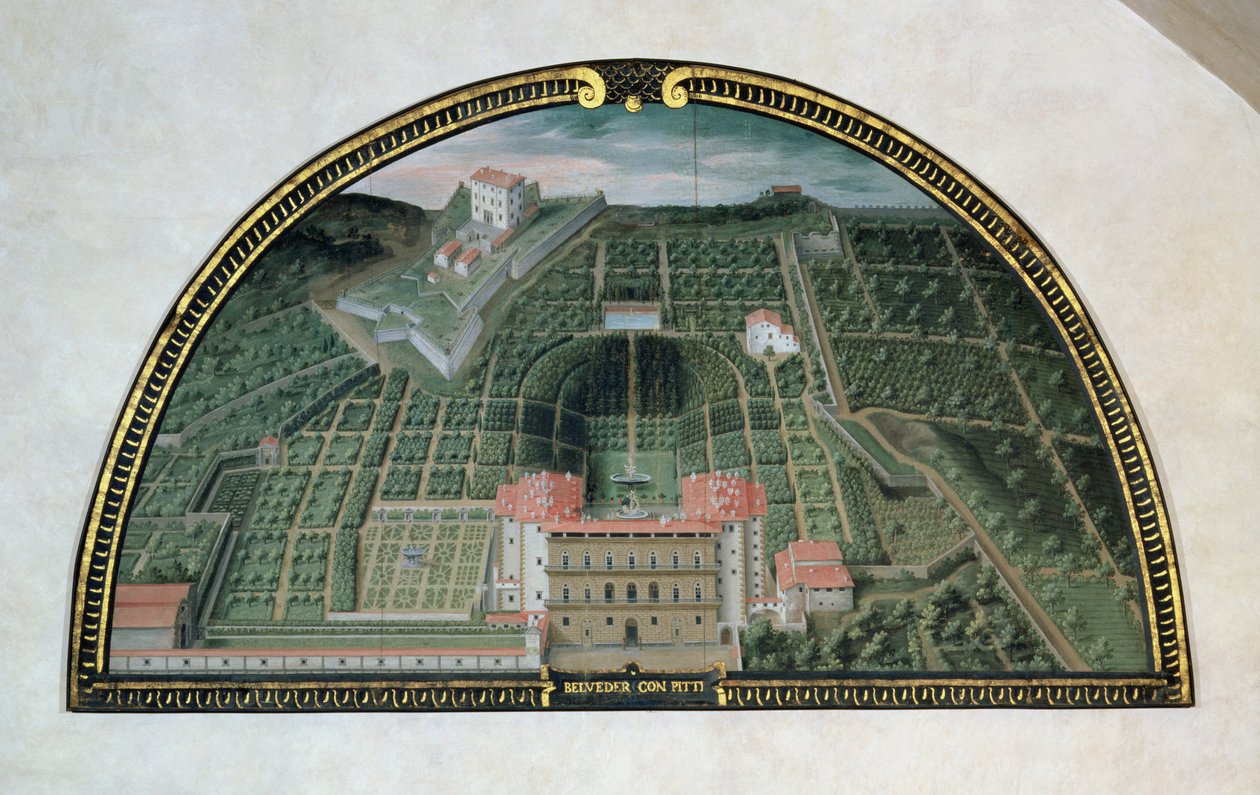 Belvedere erőd és a Pitti-palota a Medici-villák kilátását ábrázoló lunetták sorozatából, 1599 (tempera a panelen) alkotó: Giusto Utens