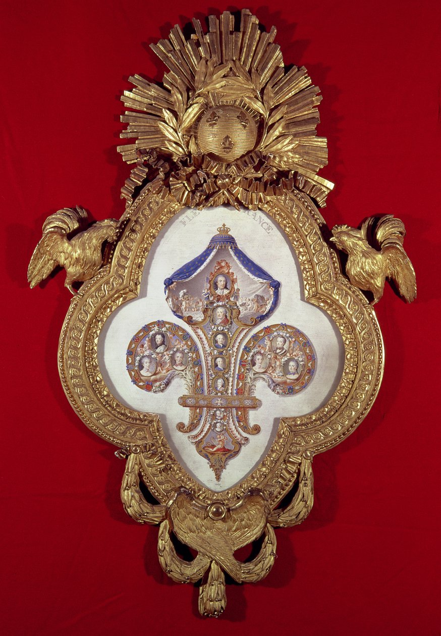 A Fleur de France, genealógiai fa XV. Lajos (1710-74) és leszármazottainak tizenhárom portréjával, fleur-de-lys alakú keretben, 1765 (arany és zománcozott) alkotó: Glokeur de Surchamps