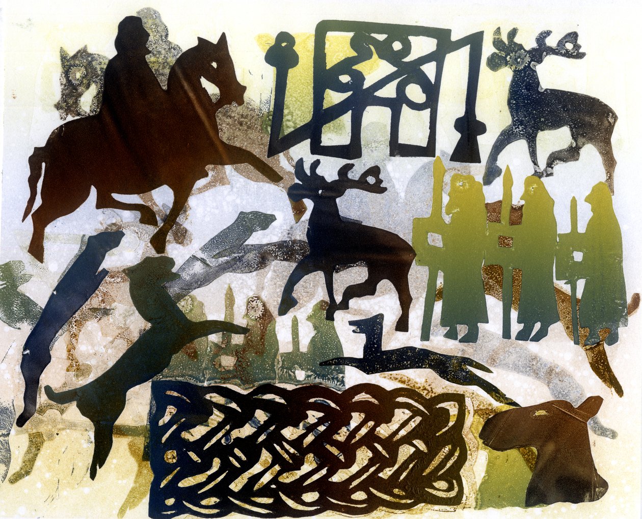 Picis szimbólumok és fűzés (monoprint) alkotó: Gloria Wallington