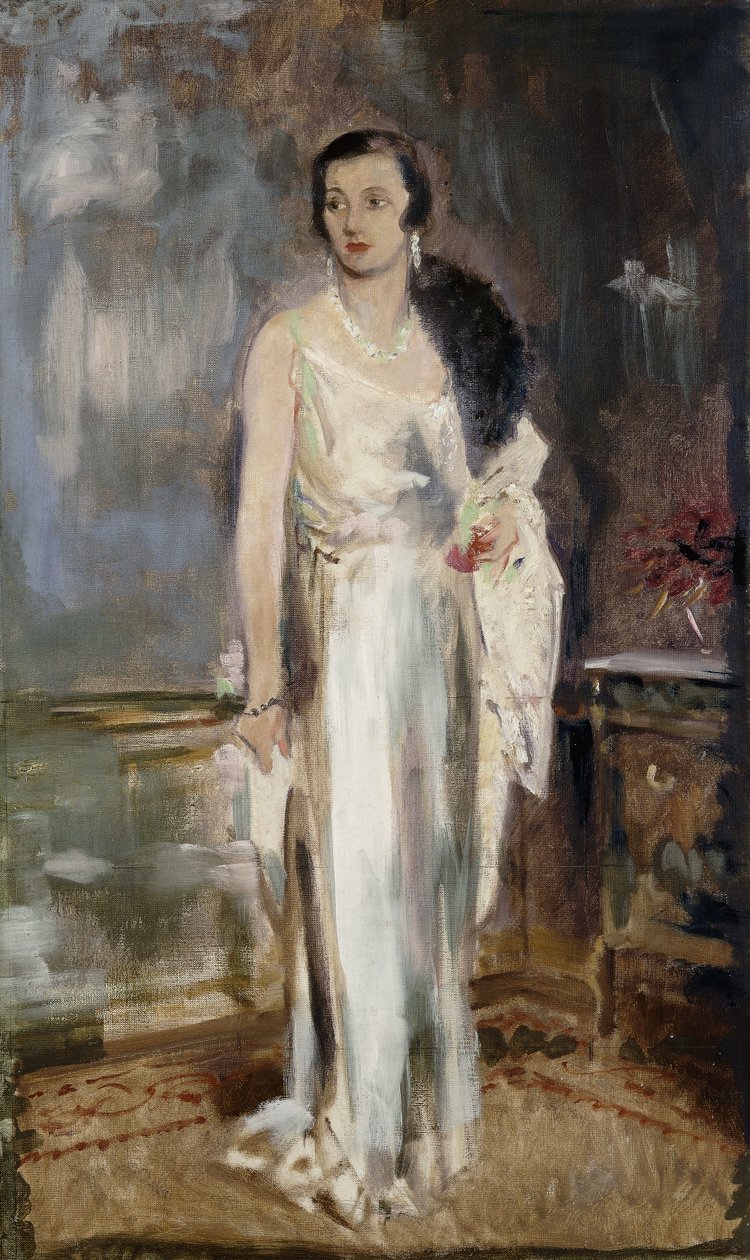 Loelia, Westminster hercegnő, később Lady Lindsay portréja, kicsi, teljes alakban estélyi ruhában alkotó: Glyn Warren Philpot