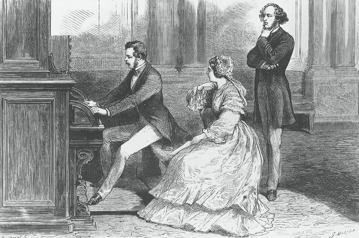 Albert szász herceg játszik Viktória királynő és Felix Mendelssohn Bartholdy (1809-1847) előtt, metszet alkotó: Godefroy Durand