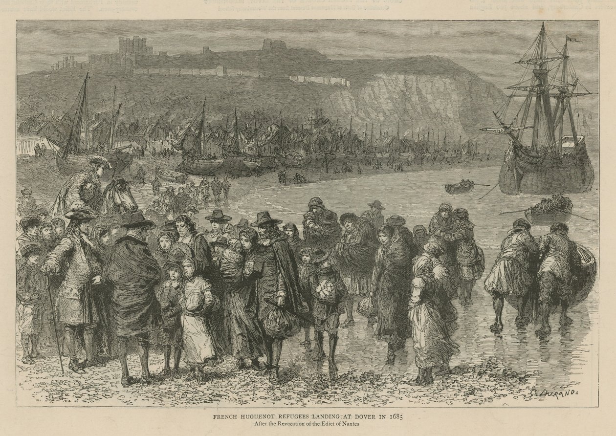 A hugenották Angliában: Doverben landoló francia hugenotta menekültek 1685-ben (metszet) alkotó: Godefroy Durand