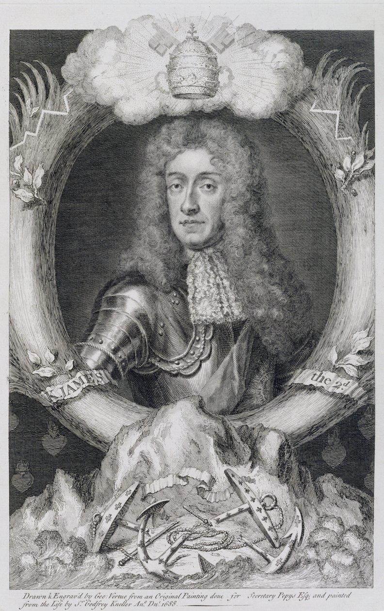II. skót Jakab (1633-1701) portréja, metszette: George Vertue (1684-1756) alkotó: Godfrey Kneller