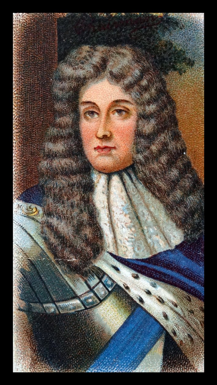 II JÁMES (1633-1701) Nagy-Britannia és Írország királya 1685-88; Franciaországba menekült, miután Narancs Vilmos (III. Vilmos) partra szállt Torbaynél. Kromolitográfiai kártya Godfrey Kneller portréja után. alkotó: Godfrey (after) Kneller