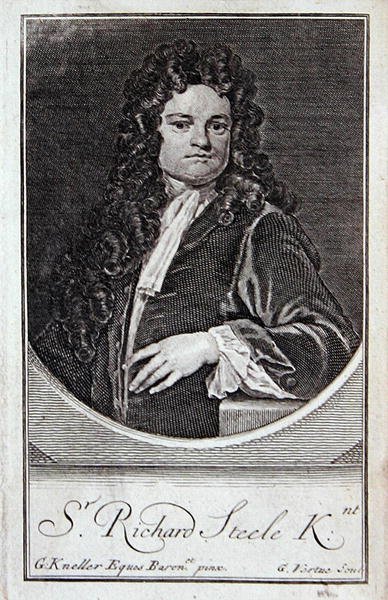 Richard Steele portréja, a "The Dramatic Works of Richard Steele" címlapja, metszette George Vertue (1684-1756), London. alkotó: Godfrey (after) Kneller