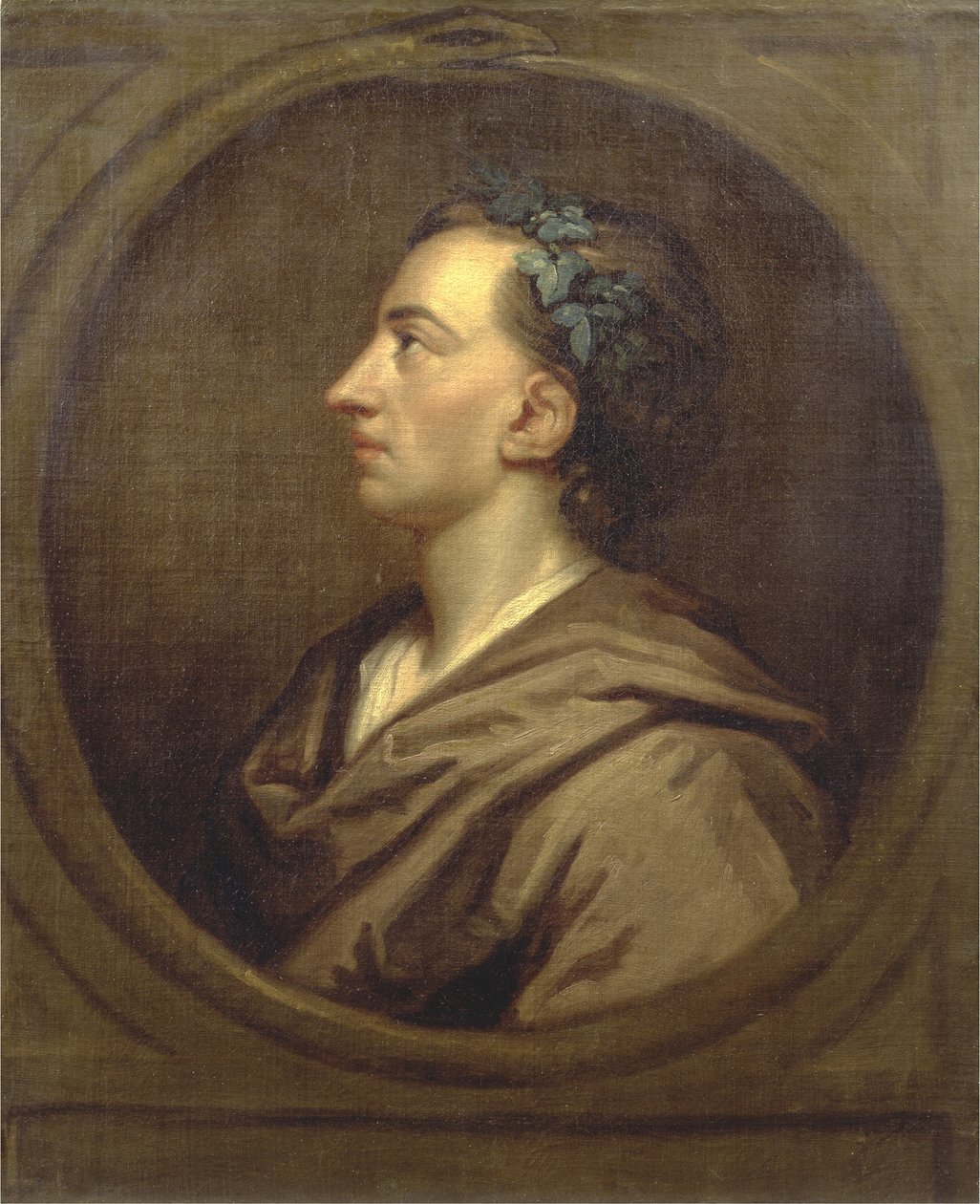 Alexander Pope (1688-1744) profil, borostyánnal koronázva (olaj, vászon) alkotó: Godfrey (studio of) Kneller