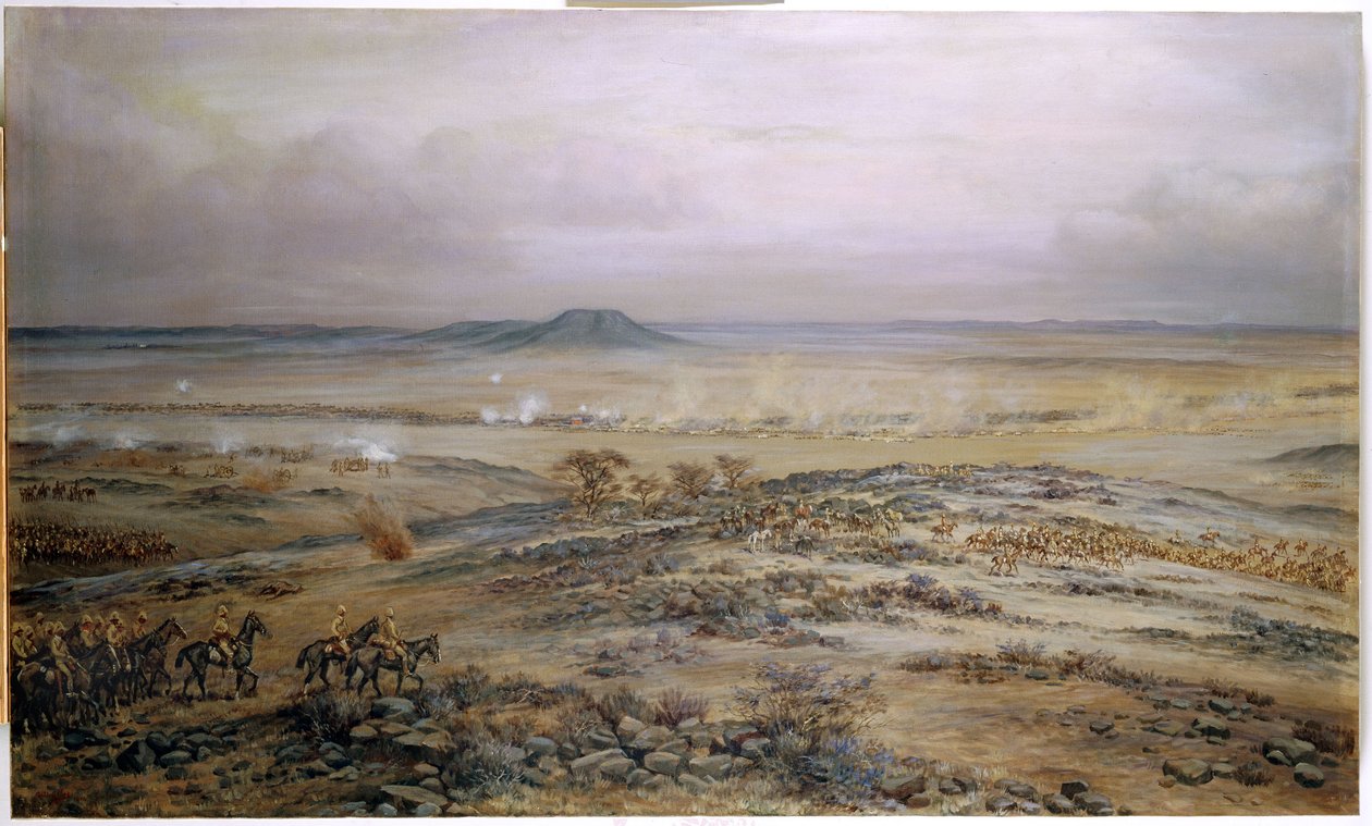 A támadás Cronje hadereje ellen a Vedute sodródásnál Paardeberg közelében, 1900 alkotó: Godfrey Douglas Giles